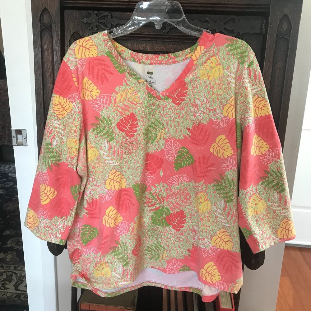 PALM HARBOR: PINK AND GREEN 3/4 SLEEVE T-SHIRT 1X